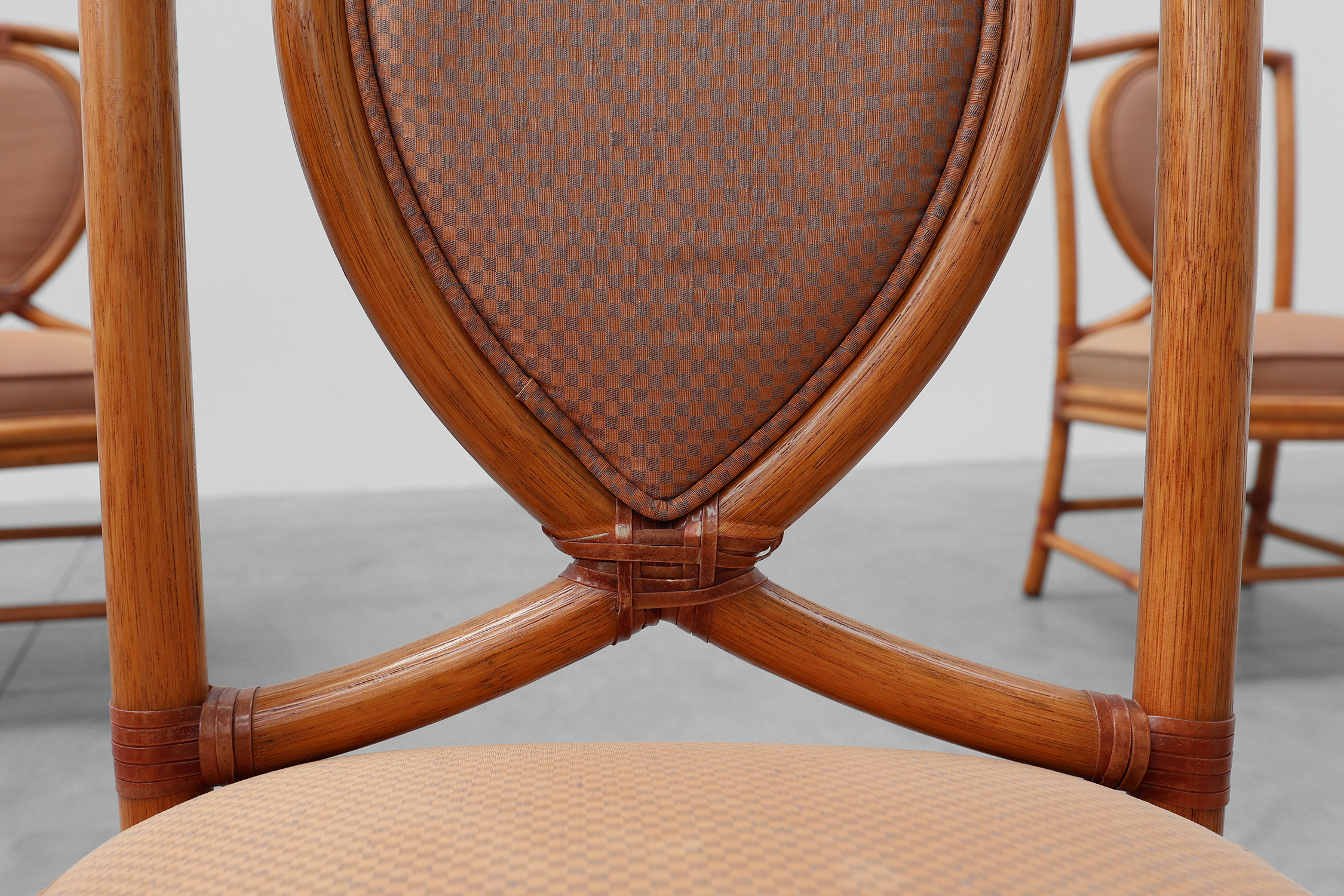 Set of 6 bamboo dining room chairs with geometric upholstery by Gasparucci, Italy 1980sthumbnail
